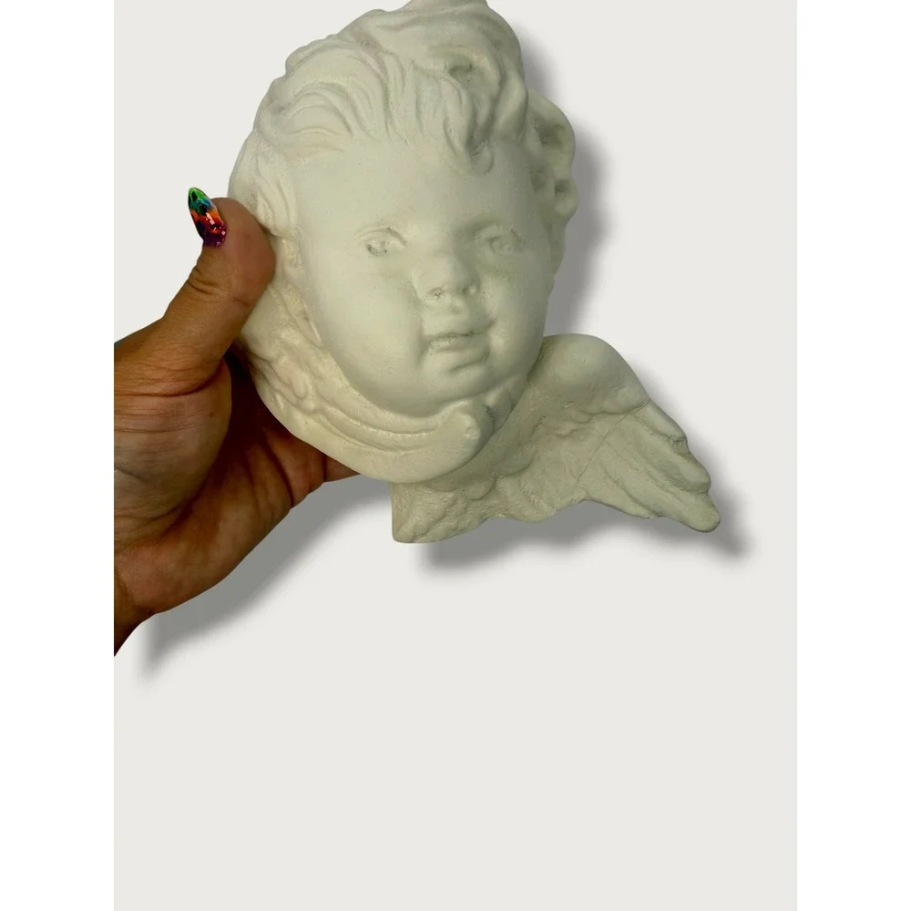 Vintage Chalkware Cherub Wall Plaques Pair Ivory Putti Angel Heads French Decor